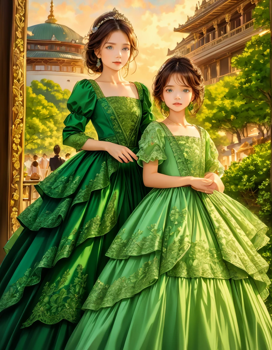 寄り添っている二人の若い女性,  brown hair, Green Eyes, Two young women cuddling up in green royal dresses ,  princess your toddler.