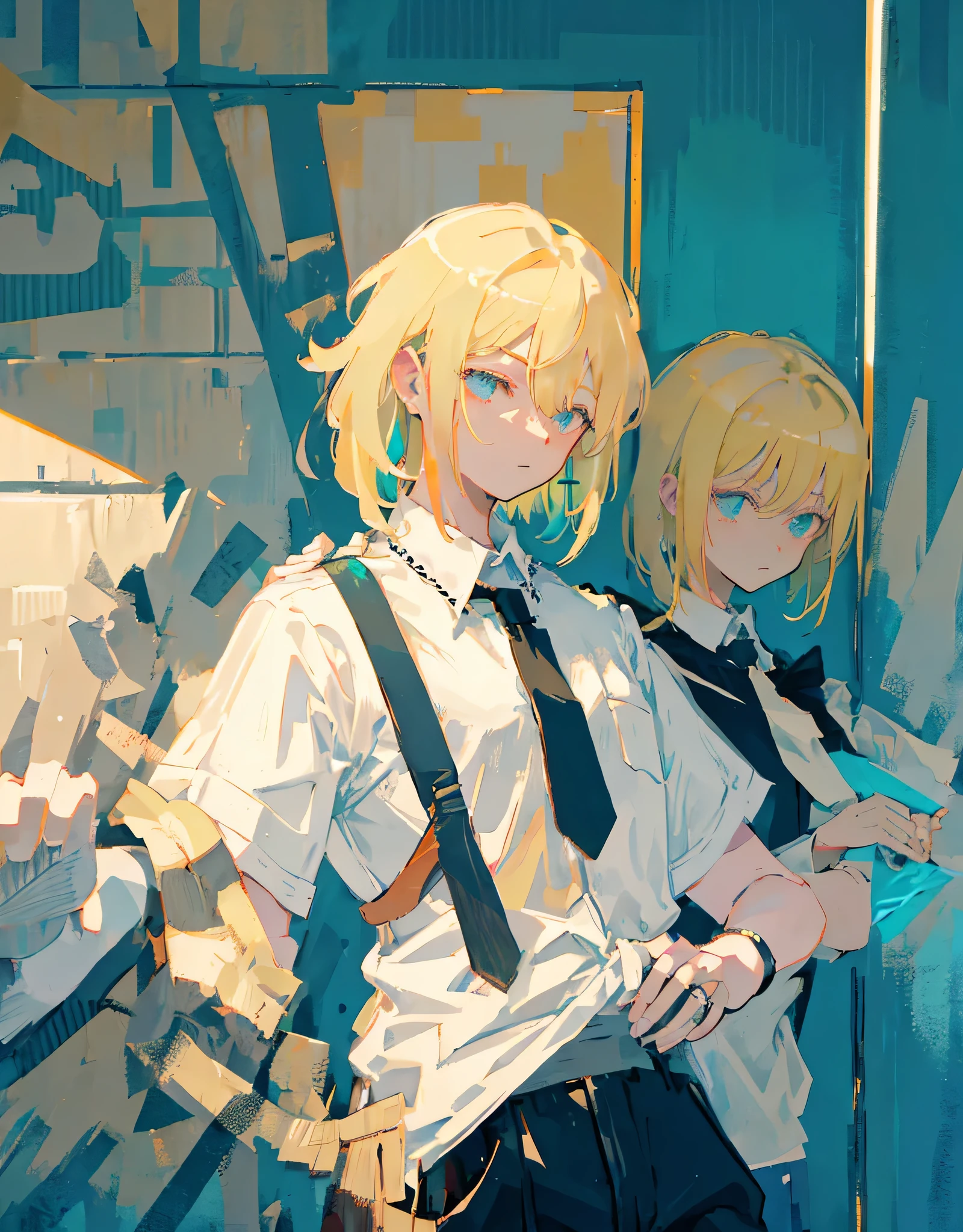 boy, blond,  medium length hair , wearing a short-sleeved white shirt tucked into black pants, Without a tie, the collar is unfastened , turquoise eyes, small ring earrings, Without a tie, don't draw a tie please, Flat posture, stands straight 