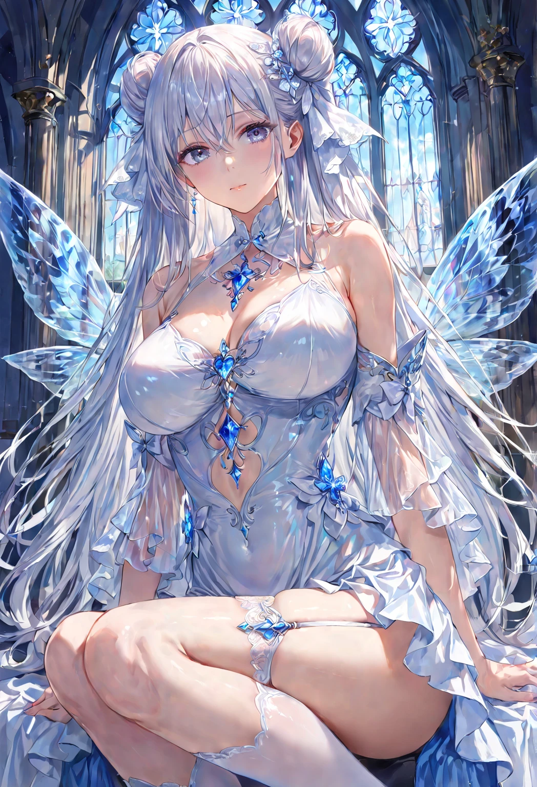 1 girl, solo, fairy, full body.
Both arms behind her back.
White hair, very long hair, bangs.
Glossy skin, shiny skin, big breasts, thick thighs.
Grey eyes, crystal-like, gem-like, sparkling, starry eyes.
White dress with frills, bare shoulders, see-through fabric, detached wide sleeves.
White bow, gem accents, jewelry.
White thigh-highs with garter straps, white high heels. Sitting in a cage with elegant posture.
Slight superior smug face expression, calm, elegant, (close mouth).
Outdoor background, white-themed church, blue tones.
Hyper-detailed, ultra-realistic shadows and textures.
4K, 8K resolution, masterpiece, ultra-detailed portrait.
Super high quality, realistic anatomy, realistic details.
Perfect anatomy, perfect posture, perfect hands, perfect eyes.
Score_9, score_8_up, score_7_up.
Angelic and ethereal atmosphere, dominant white and blue tones.