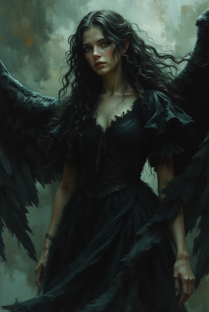 Angel of the darkness. Beautiful cinematic impressionist painting, Dark dramatic character, in the style of Jeremy Mann and Charles Dana Gibson, Mark Demsteder, Paul Hadley, artstation trend, sharp focus, studio photo, intricate details, high detail, Greg Rutkowski, perfect composition, beautiful detailed intricate insanely detailed octane render trending on artstation, 8 k artistic photography, photorealistic concept art, soft natural volumetric cinematic perfect light, chiaroscuro, award - winning photograph, masterpiece, oil on canvas, raphael, caravaggio, greg rutkowski, beeple, beksinski, giger