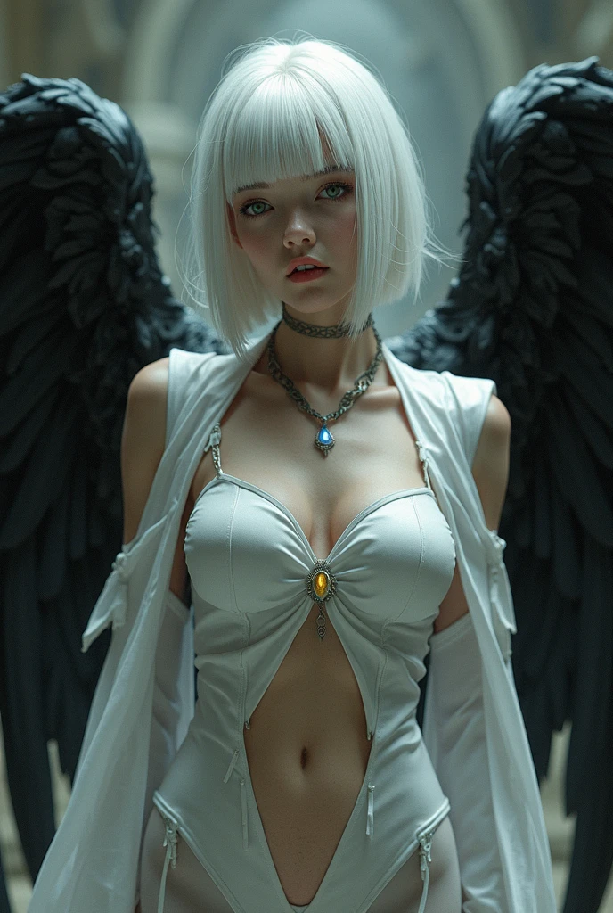 (UHD, retina, masterpiece, ccurate, anatomically correct, textured skin, super detail, high details, high quality, best quality, highres, 1080P, HD, 4K, 8k, 16k), (beautiful detailed eyes, beautiful detailed lips, extremely detailed eyes and face), studio lighting, physically-based rendering, vivid colors, (big tits, super big tits, super extra big tits, glamorous body), (gothic dress, slit, giant angel wings:1.5), (portrait, yellow long hair, shiny hair, shiny skin), [stained glass window, bokeh], (tilt your head to the side:1.5), eye reflection, (blush:1.5), (gothic art, pale skin:1.5), monochrome,