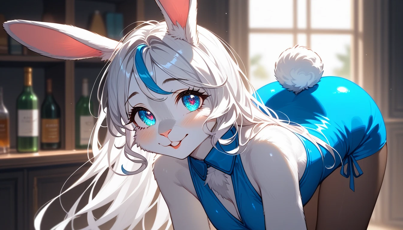 , score_9,score_8_up,score_7_up, source_furry, ( bunny, Anthro furry bunny girl, adult female, blue eyes, long white curly hair,, white fur, fluffy bunny tail), white fur, , a beautiful anthropomorphic white bunny woman, she is covered in white fur, she has long white curly hair with blue highlights, eye shadow, blue sparkling eyes, off-the-shoulder style red sequin dress, her hair is covering one eye, evil glare, malevolent expression. super saiyan energy around her, her hair is fluttering, black background. Heavy contrasting shadows. cartoon.  
