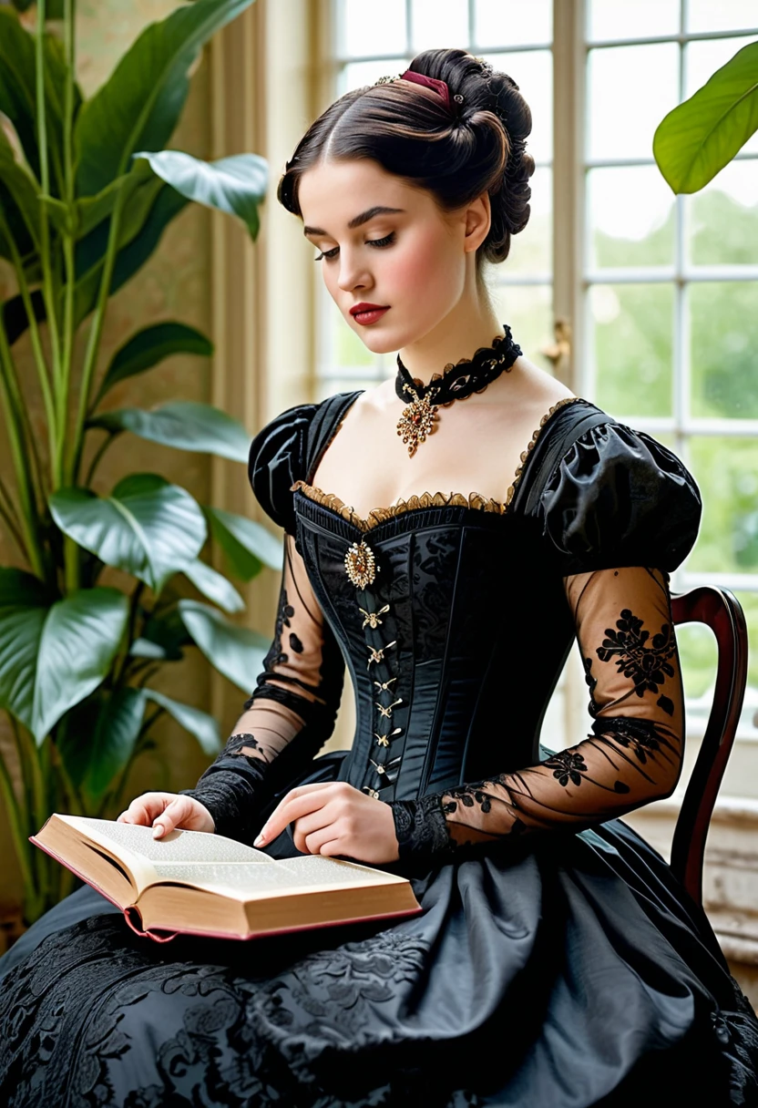 Face-Style 1900: A young, beautiful woman with dark hair styled in a Biedermeier fashion, wearing a black damask dress with a corset and a decoltee, seated gracefully in a conservatory around the year 1900. She is reading a book, exuding elegance in her posture. The scene is highly detailed, with delicate skin tones, fair complexion, and a masterful, realistic photographic quality captured in high resolution."