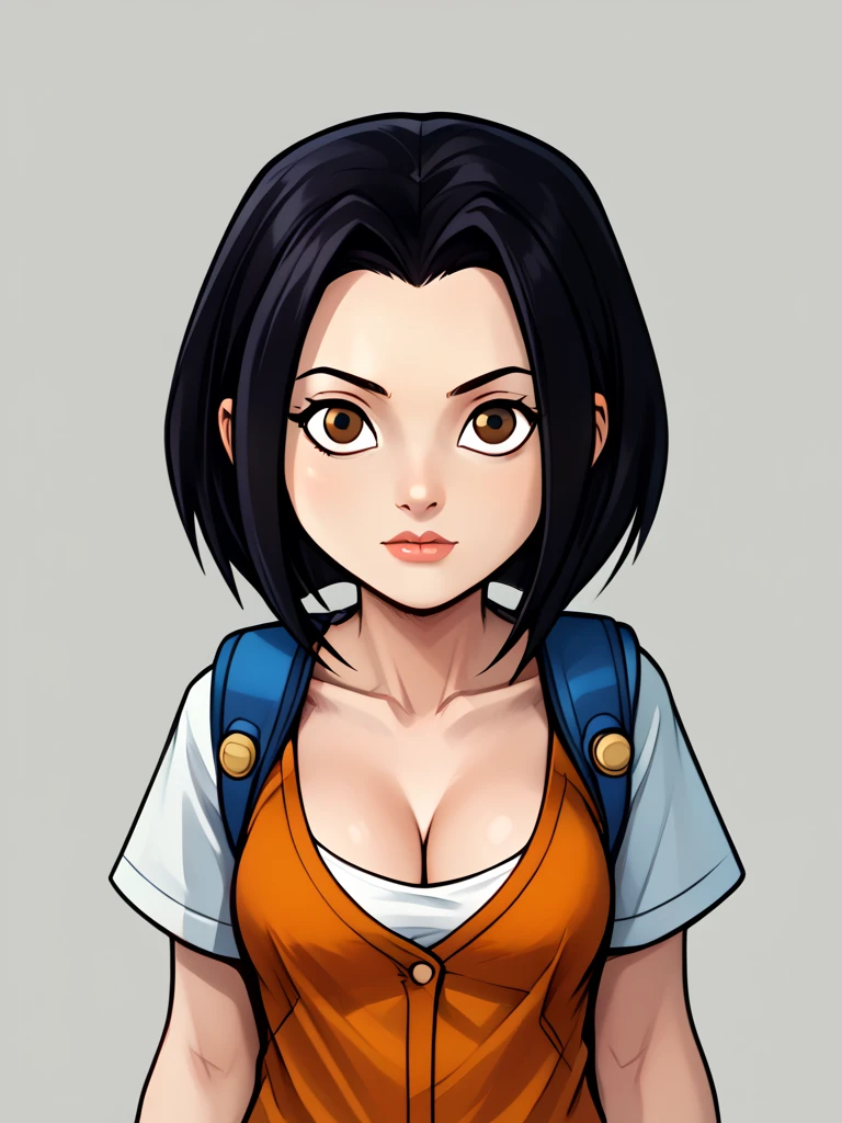 score_9, score_8_up,score_7_up,1girl, solo,blank background,portrait, Jadechan, dressed as a schoolgirl, green_backpack, unbuttoned top, rebellious phase, deep cleavage, bulging breasts, short black hair, brown eyes, very-expressive eyes, looking intently at viewer, eye and pupil symmetry, consistent lighting,