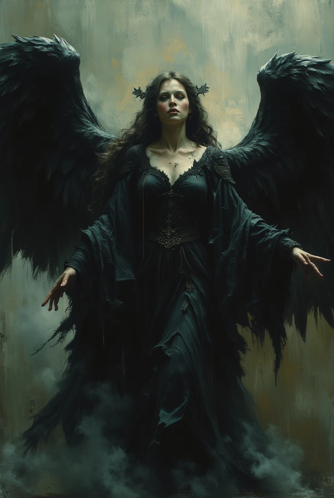 Angel of the darkness. Beautiful cinematic impressionist painting, Dark dramatic character, in the style of Jeremy Mann and Charles Dana Gibson, Mark Demsteder, Paul Hadley, artstation trend, sharp focus, studio photo, intricate details, high detail, Greg Rutkowski, perfect composition, beautiful detailed intricate insanely detailed octane render trending on artstation, 8 k artistic photography, photorealistic concept art, soft natural volumetric cinematic perfect light, chiaroscuro, award - winning photograph, masterpiece, oil on canvas, raphael, caravaggio, greg rutkowski, beeple, beksinski, giger