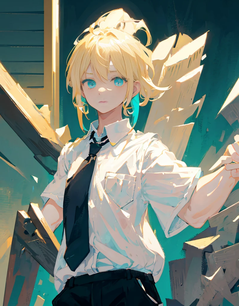 boy, blond,  medium length hair , wearing a short-sleeved white shirt tucked into black pants, Without a tie, the collar is unfastened , turquoise eyes, small ring earrings, stands straight 