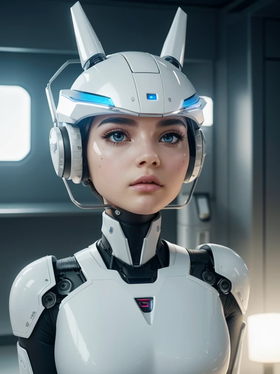 a close up of a woman in a futuristic suit with a helmet, elle fanning as an android, beutiful white girl cyborg, beutiful girl cyborg, cyborg - girl, portrait beautiful sci - fi girl, sci-fi android female, scifi woman, in white futuristic armor, cute cyborg girl, sci-fi female, futuristic clothing and helmet