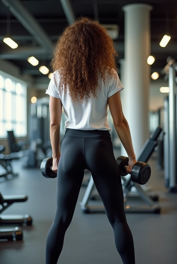 Full body show, view from behind, Zendaya, full breasts, curly hair, sexy look, teasing, iPhone, 8K, Korta 4k thong, women's white short t-shirt, gray sweatpants, tight clothes, photo taken at the gym
