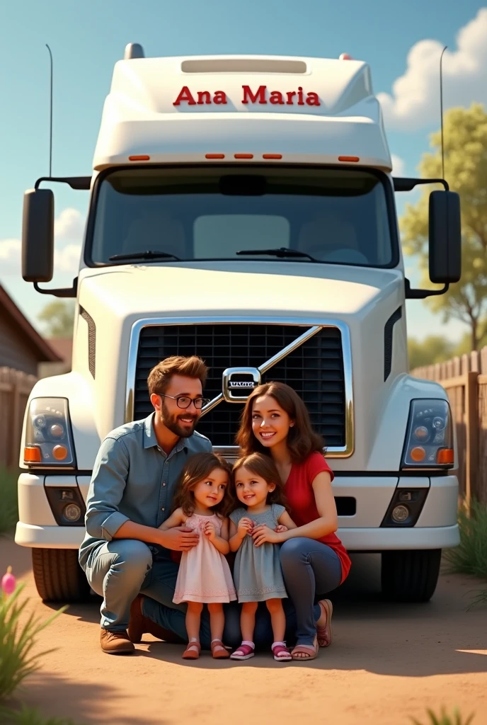 a large truck parked with a family in front posing for a photo, Filhos, mother and father truck driver.todos felizes.Truck showing up a lot more.Side truck