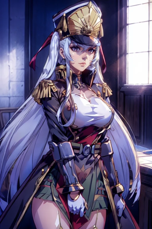 (masterpiece、Highest quality:1.2)、border、Little、solo、One girl、Kamiunten Merlot(Slave of the Demon Capital)、The Scarlet Regiment、The violent patriarch、Blonde、Black Mesh、Straight Hair、Sharp Eyeuscular、Older sister、Special Attack Unit、Martial faction、、Staring at the audience、Striped Hair、uniform、military cap、V-shaped eyebrows、White gloves、Sarashi、Cleavage、Purple Jacket、Red Belt、Spike Collar、Epaulettes、Purple Pants
