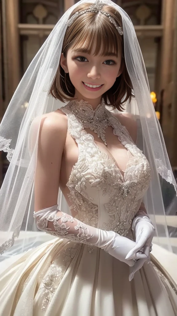 Cowboy Shot、(((smile)))、The wind is blowing、In front of the church、sunny、sunny、Confetti、Messy bowl cut hair with bangs、Black Hair、Huge breasts、(((bride)))、((White Wedding Dress))、((Wedding Style))、(((Congratulations on your wedding)))、Highest quality,(RAW Photos:1.2)、(Realistic:1.4),(High resolution:1.4), 1 girl, Written boundary depth,, Exquisitely crafted,8k, Very detailed, Perfect lighting, Spectacular Background、((Delicate painting))，(Detailed RAW Photos of Girls),(Highest quality:1.6), (超High resolution:1.5), (Realistic:1.75), 8k resolution, Canon EOS R5, 50mm,  Very detailedな,Cinema Lighting,(((Skirt Lift)))、((Not wearing underwear))、Lace gloves, Leg spread