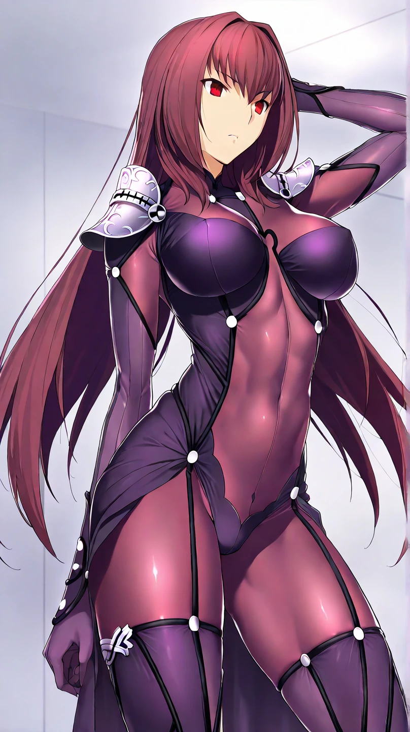 high resolution, masterpiece, necessary, detail, best quality, quality, necessary, tall details, High details, Precise, 

 1girl, alone, linda,  Costume, ufotable style, ufotable anime,

Scathach, scathach Fate Grand Order, fate,  Fate Grand Order, long hair, tight suit red, eyes, 