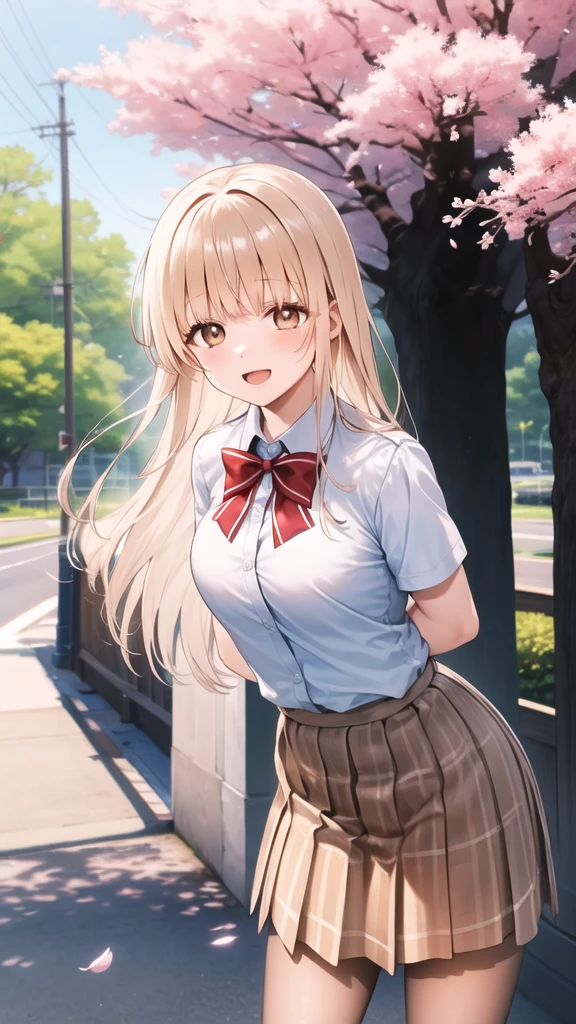 masterpiece, top-quality, 1girl in, , Blue shirt, White skirt, a beauty girl、Chest chiller、Sitting on a park bench、hi-school girl、kawaii