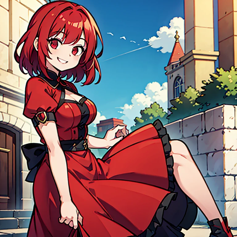 1girl red hair medium hair red eyes smiling dress