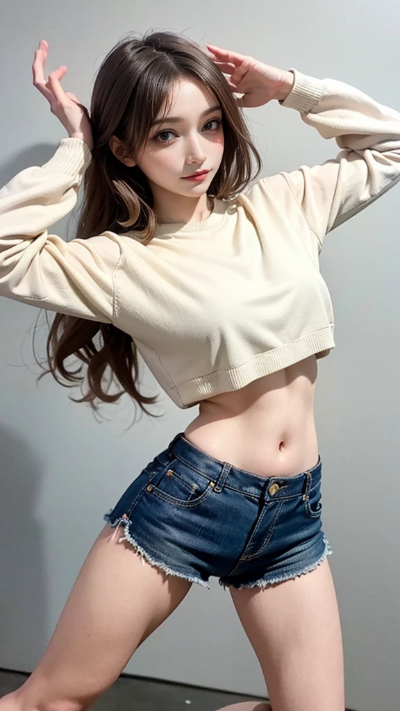 1girl, crop top, white sweater, brown hair, wavy hair, long hair, 
oversized clothes, arms up,
micro shorts, dutch angle, sleeves past wrists,, masterpiece, best quality, highly detailed、

Open pose、Sparkle effect、 poster/magazine illustration effect with floating cubes, 