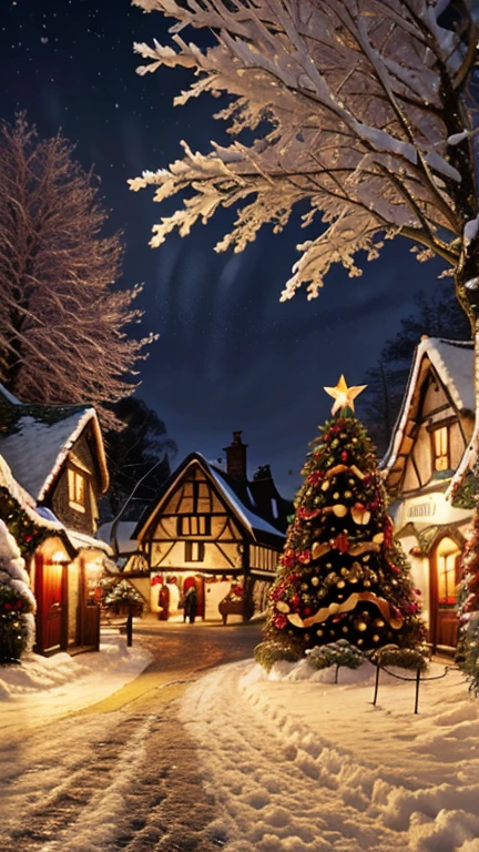 English Village,  Christmas Eve, decorated , Neve nas ruas, Christmas landscape