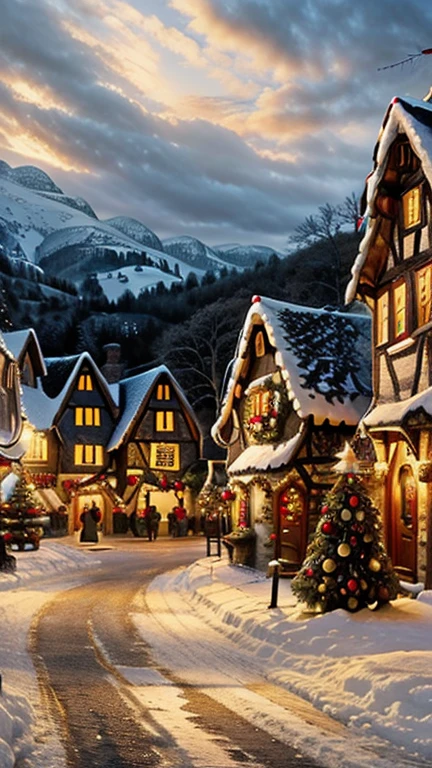 English Village,  Christmas Eve, decorated , Neve nas ruas, Christmas landscape