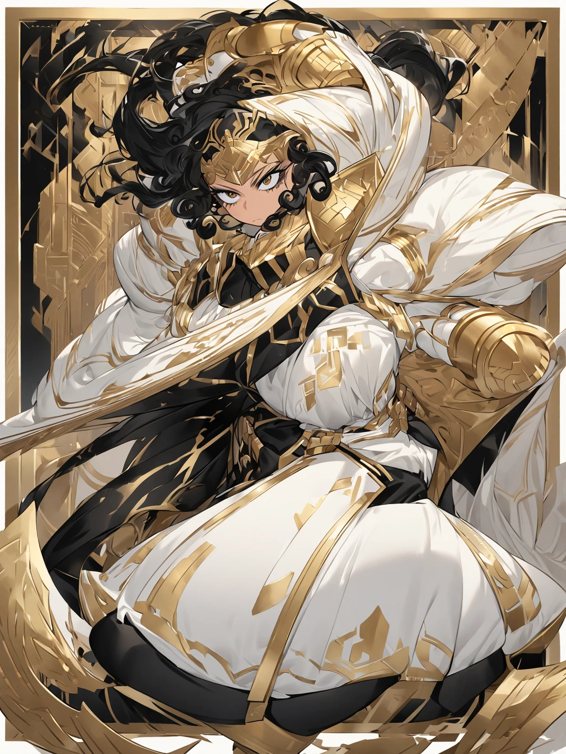 ((a woman,人类Queen,Gold and white dress,)),front,Half body,black hair,Queen,Show forehead,cloak,temperament,beauty,Mature,The expression is majestic,Different world,middle Ages,White background