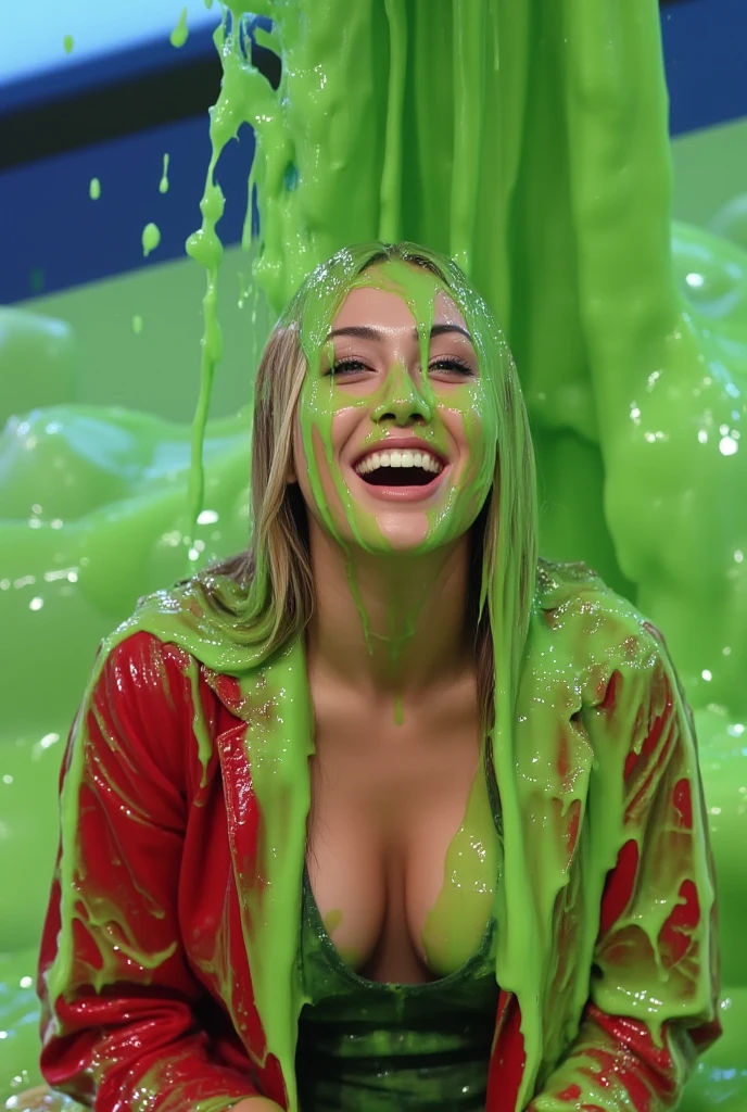 Top-down photograph of Swedish woman covered in green slime. hyper-realistic style. 8k. Photorealistic. Glistening slime. Green slime. Dripping slime. Raw photo. Swedish model. (Swedish girl: 1.1). F/1.4 aperture. 35mm. Red Jacket. Cleavage. Large breasts. Wet. Wavy blonde hair. Slime on face. Gameshow. Stream of green water falling on her head. Green water splashes on her head. Splashing green water. Green water splatters. Splashing. Splattering. Gushing green water. Gushing Easter splashes