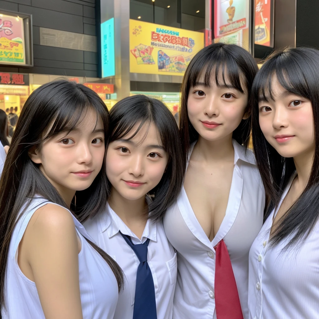 Raw photo、(((multiple girls))),((((6+girls)))),((((100girls)))),(((1000girls)))、((((100 Girls))))、((((Gigantic Breasts))))、Women only、The same face、matching school uniform、、Long black hair、100 cute girls、a smile、Scene from school、School route、(((Large group)))、a junior high school student