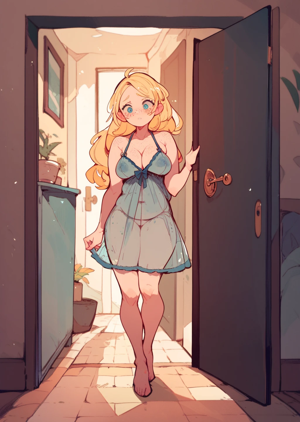 Score_9, score_8, blue doll, (blonde hair), pale skin, freckles, long hair, door frame, hallway, (slightly_chubby: 1.1), cute, full body, (big breasts), (naked under transparent babydoll: 0.8), ((hairy pussy: 0.6)), shy, 
