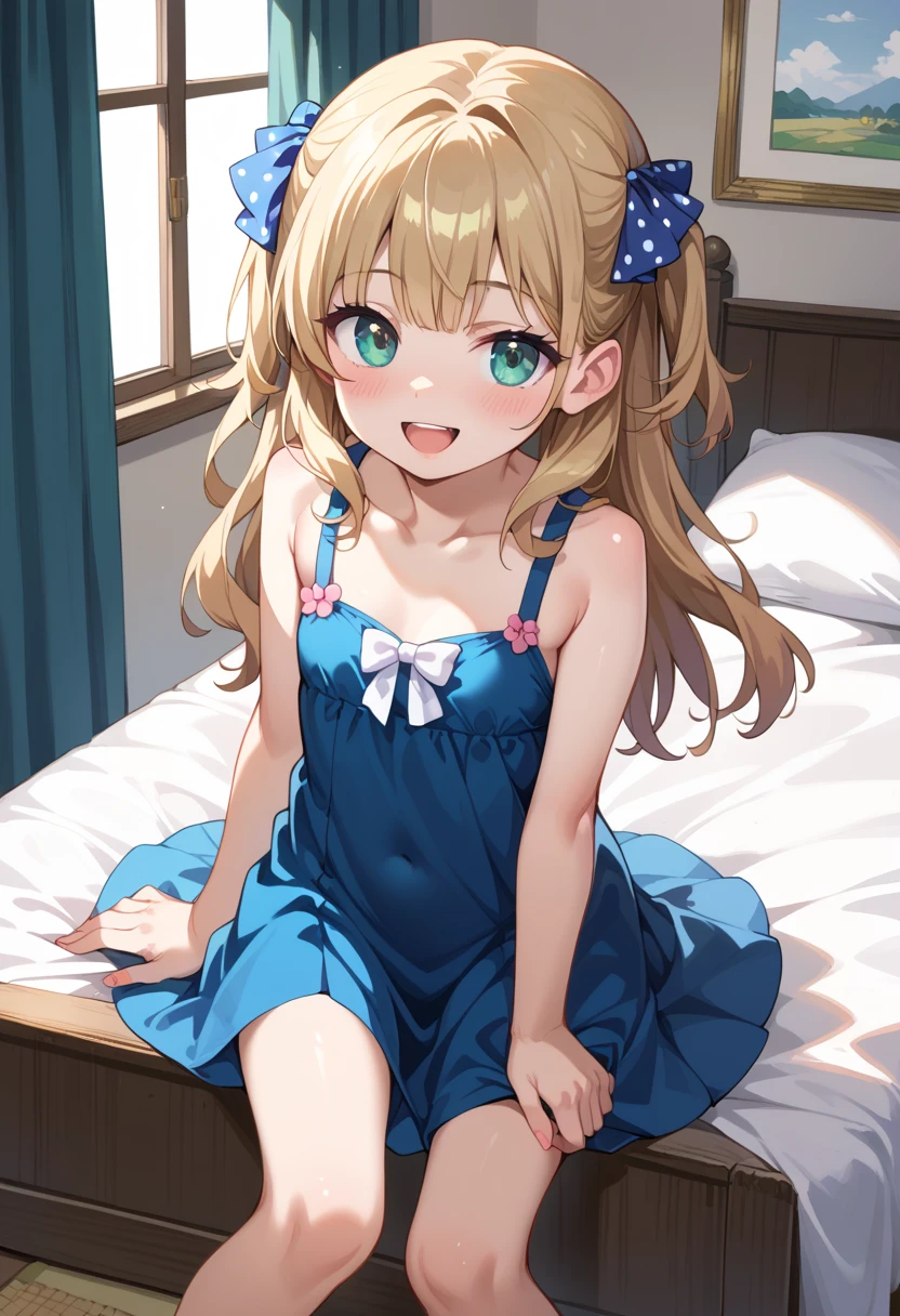 (( best quality)), ((masterpiece)), (be familiar with),  perfect face, indoor, bedroom,  viewer,
One woman,  Gamemun Neko ,
 characters with open mouth ,  ecstatic expression with hands in front of body, blush, smile,
Small breasts,  flat chested, Young girl, Lori,  kids,  girl,
 long hair,  long hair,
Leg spread,