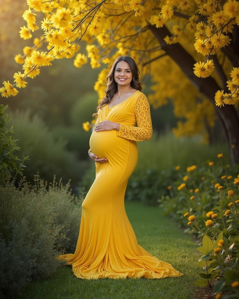 pregnant woman in blue dress with flower pattern standing in front of floral wall, maternal photography 4 k, floral yellow painted backdrop, floral art novuea green dress, lady with glowing flowers dress, full body portrait painting, wearing a long flowery dress, flowing gown, wearing floral chiton, full body portrait shot, colorful backdrop, full body portrait, long luxurious flowing gown, beautiful gown