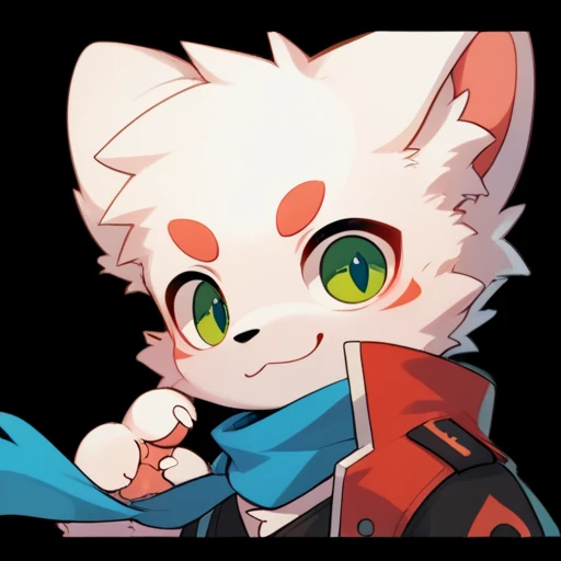 white fur, a pinch of white fur hair, cute boy, male , cat fur, clean face, fluffy fur, Fluffy Ears, green eyes, Alone, Blue Scarf with no drop down ,black short sleeves jacket with red trim edge, no shirt, fluffy body, wearing a one-piece molding tactical goggles on