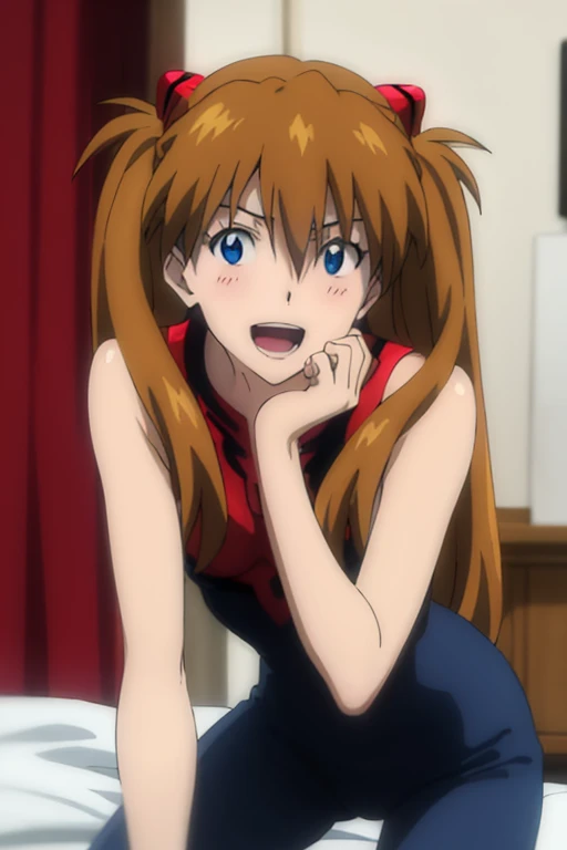 (( best quality)), ((masterpiece)), (be familiar with),  perfect face, indoor, bedroom,  viewer,
One woman,  Soryu Asuka Langley ,
 characters with open mouth ,  ecstatic expression with hands in front of body, blush, smile,
Small breasts,  flat chested, Young girl, Lori,  s,  girl,
 long hair,  twin tails,
Leg spread,