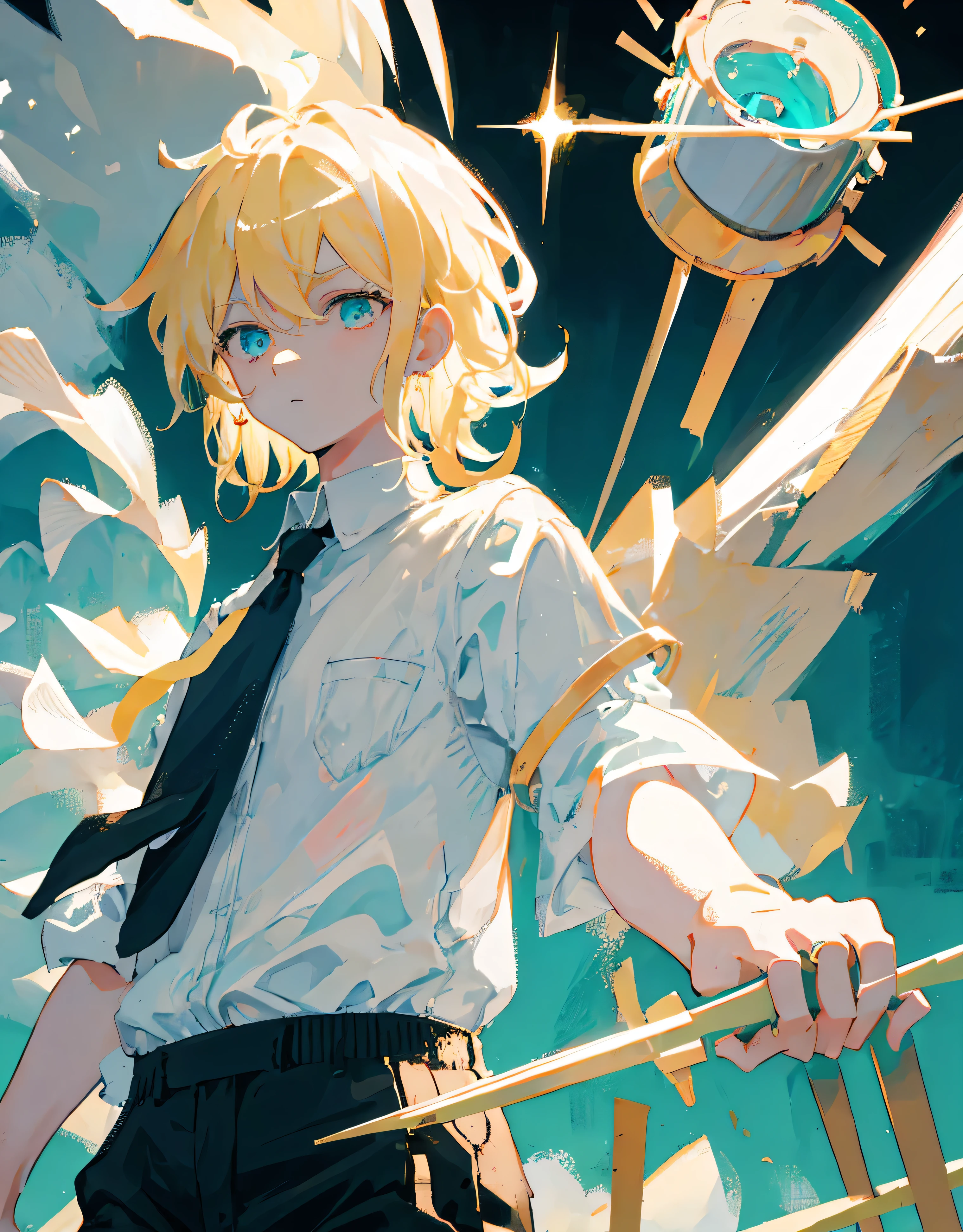 boy, blond,  medium length hair , wearing a short-sleeved white shirt tucked into black pants, Without a tie, the collar is unfastened , turquoise eyes, small ring earrings, stands straight 