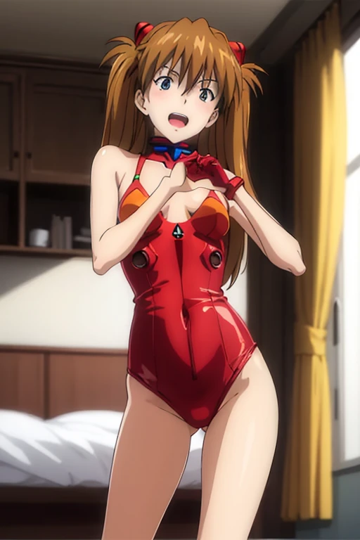 (( best quality)), ((masterpiece)), (be familiar with),  perfect face, indoor, bedroom,  viewer,
One woman,  Soryu Asuka Langley ,
 characters with open mouth ,  ecstatic expression with hands in front of body, blush, smile,
Small breasts,  flat chested, Young girl, Lori,  s,  girl,
 long hair,  twin tails,
Leg spread,