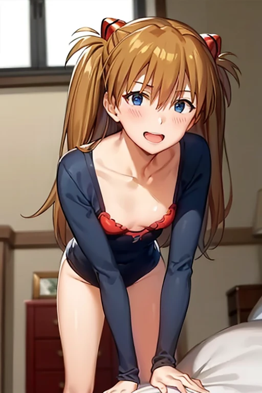 (( best quality)), ((masterpiece)), (be familiar with),  perfect face, indoor, bedroom,  viewer,
One woman,  Soryu Asuka Langley ,
 characters with open mouth ,  ecstatic expression with hands in front of body, blush, smile,
Small breasts,  flat chested, Young girl, Lori,  s,  girl,
 long hair,  twin tails,
Leg spread,