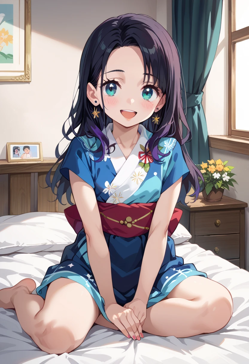 (( best quality)), ((masterpiece)), (be familiar with),  perfect face, indoor, bedroom,  viewer,
One woman,  Gamemun Neko ,
 characters with open mouth ,  ecstatic expression with hands in front of body, blush, smile,
Small breasts,  flat chested, Young girl, Lori,  ,  girl,
 long hair,  long hair,
Leg spread,