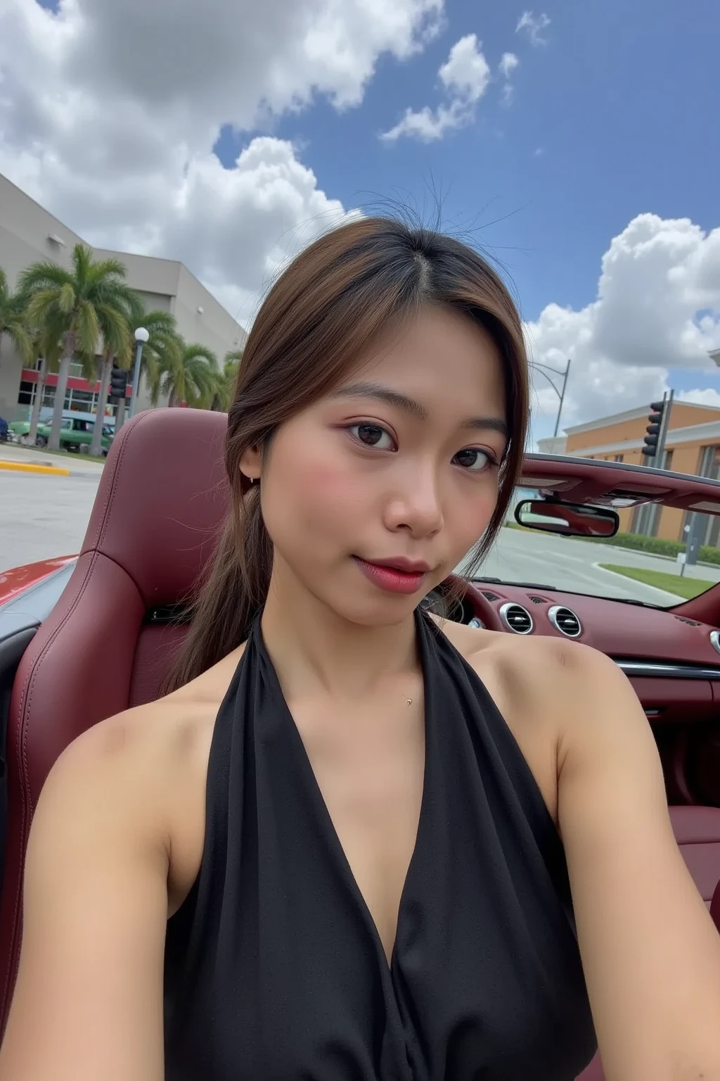 A 28-year-old female CEO wearing high-end brand stylish clothing, taking a cute selfie from a subjective perspective. Sitting in the driver's seat of a convertible Porsche 718 with burgundy interior. Wearing a seat belt. Waiting for the traffic light at a Miami street intersection (fair skin and no makeup) (long straight black-brown hair with a ponytail) (small face) (big breasts) (real photo texture) (no sharpening) (fisheye lens)