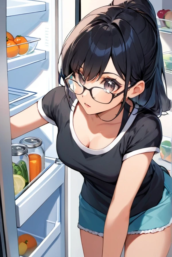 Girl with black hair, glasses, kitchen, refrigerator, opening the refrigerator and looking inside