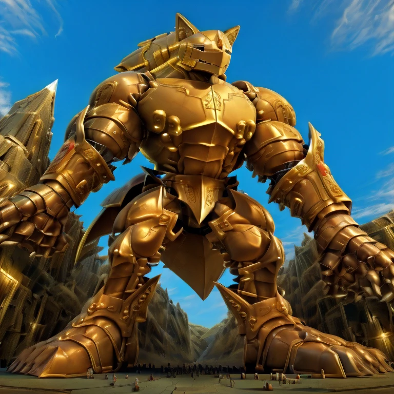 - Excalibur Sonic. Golden Armor. The whole body is golden.
- masterpiece. official art. 8k. best quality. detailed full body. full body.
- no face. wearing a full-face helmet.
- An arrogant expression. smile at the corner of your mouth.
- He with 4 arms.
- large muscles,  big muscle, huge muscles,  massive muscles, bulk up.
- focus GIANT Excalibur Sonic is trampling the city. Looking down. macro. stomp. Low-angle perspective. emphasizing the immense size. He has long legs.
- The nails are sharp. The nails are gold. There are five fingers.
- The toenails are sharp. The toenails are gold. There are five toes.
