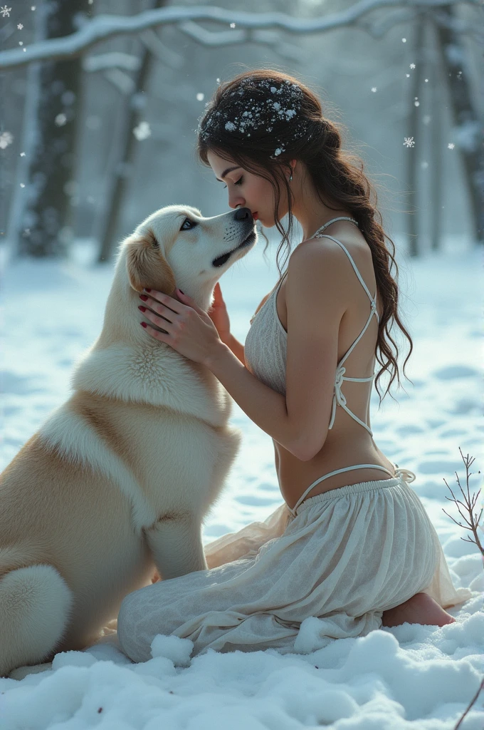 NSFW (nude) (Anna ((human)) medium breasts, strip of pubic hair) penis in mouth, deep throat, male furry polar bear with red dog penis, full body, in a deserted snowy landscape