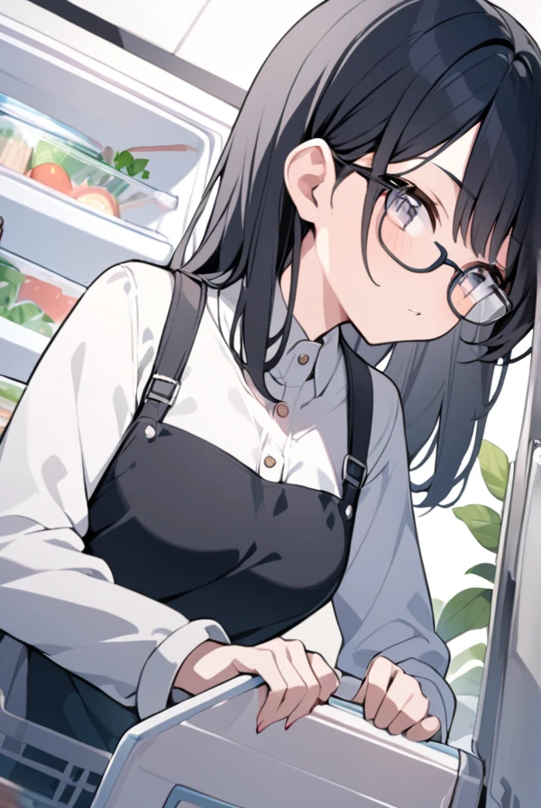 Girl with black hair, glasses, kitchen, refrigerator, opening the refrigerator and looking inside