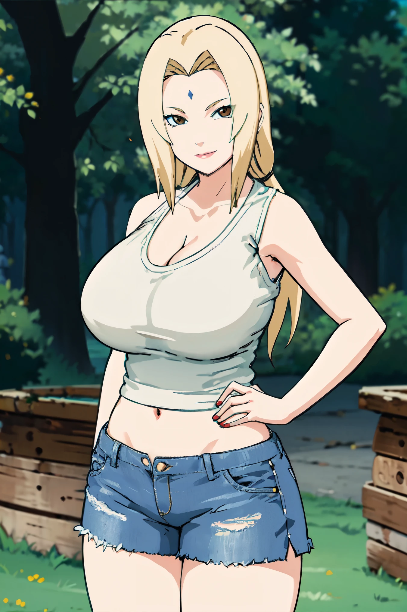 blonde hair, (((big tits )))  , (((white tank top))), ((short pants jeans, )), thick, ((busty)), brown eyes, navel, upperbody, smile, legs, thigh, flower garden, long hair