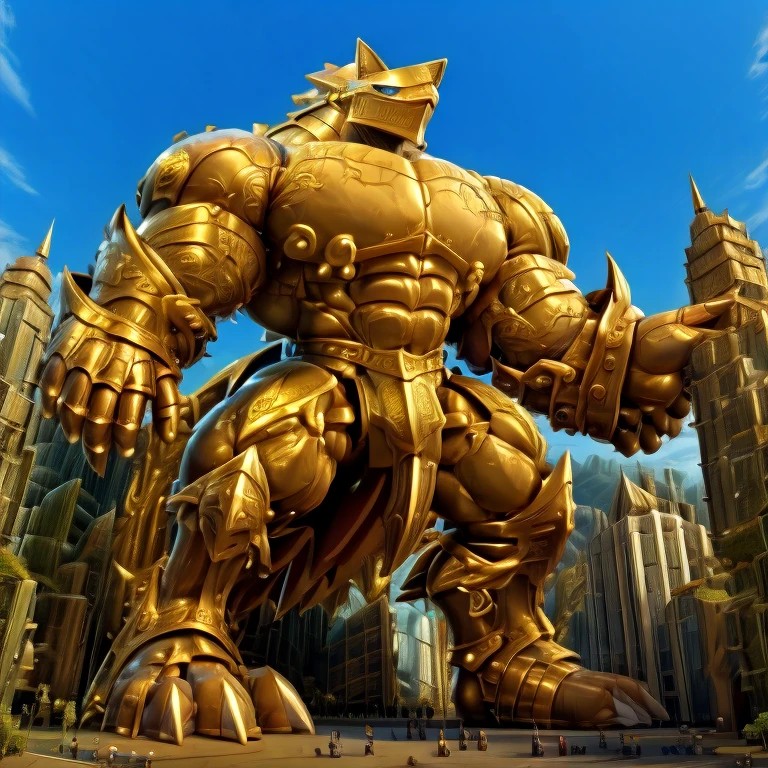 - Excalibur Sonic. Golden Armor. The whole body is golden.
- masterpiece. official art. 8k. best quality. detailed full body. full body.
- no face. wearing a full-face helmet.
- An arrogant expression. smile at the corner of your mouth.
- He with 4 arms.
- large muscles,  big muscle, huge muscles,  massive muscles, bulk up.
- focus GIANT Excalibur Sonic is trampling the city. Looking down. macro. stomp. Low-angle perspective. emphasizing the immense size. He has long legs.
- The nails are sharp. The nails are gold. There are five fingers.
- The toenails are sharp. The toenails are gold. There are five toes.
