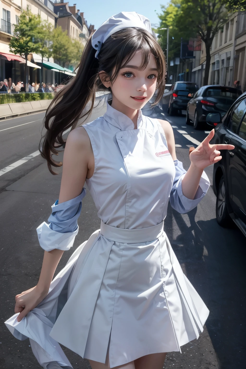 masterpiece, highly detailed, best quality, 1girl, solo, Luna, black hair, side ponytail, red eyes, blunt bangs, smilling