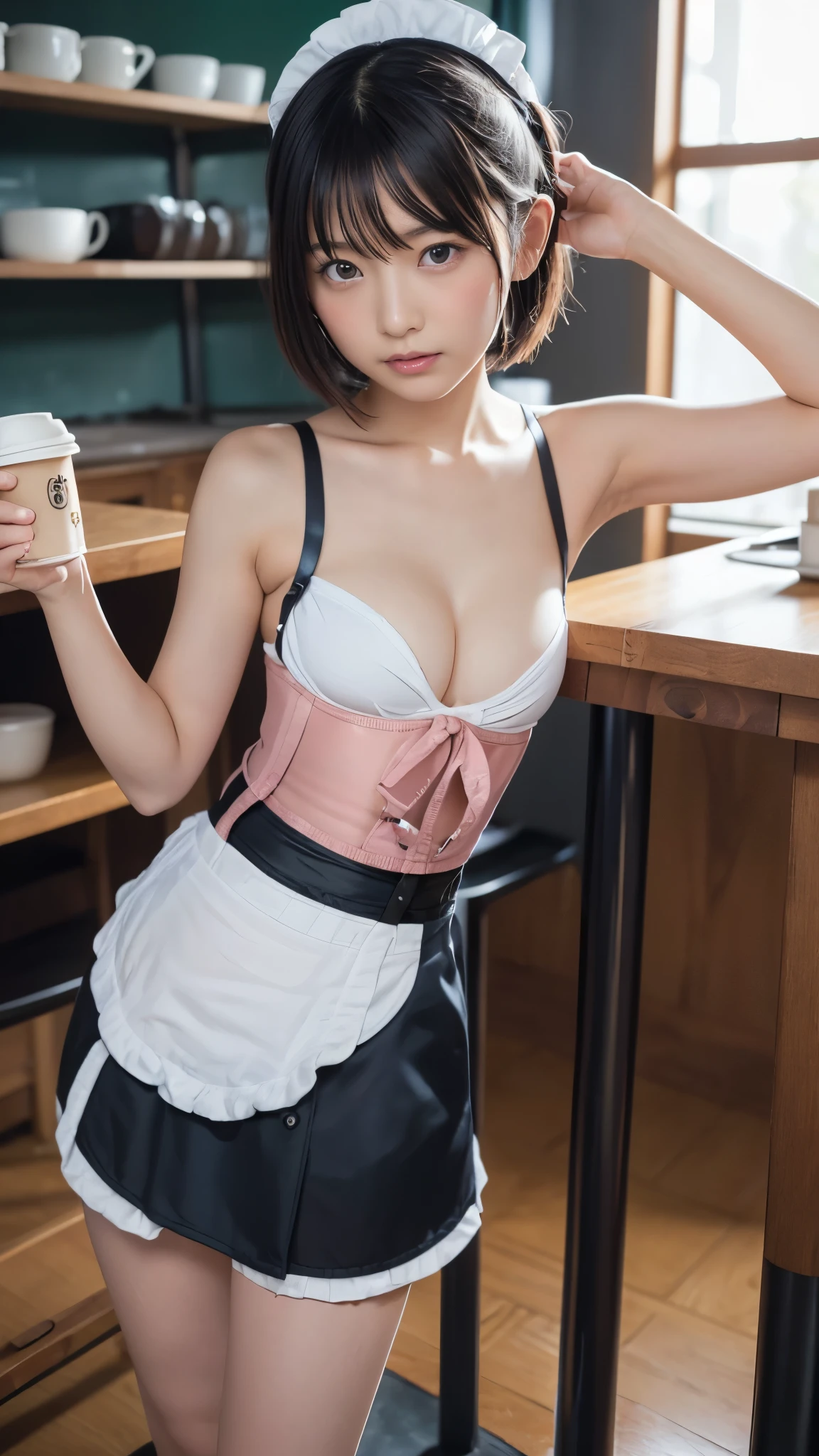 Beautiful sexy woman posing in convenience store、Hands behind your head、bontage、Black corset、Kneel、eye closed、Open your mouth wide to the maximum、((sitted、opens legs))、full bodyesbian、16k