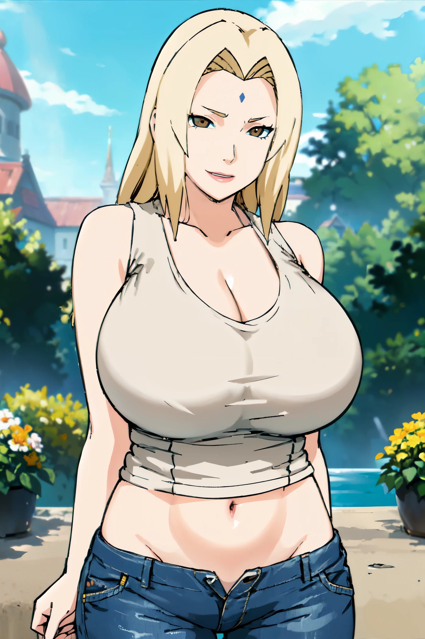 blonde hair, (((big tits )))  , (((white tank top))), ((short pants jeans, )), thick, ((busty)), brown eyes, navel, upperbody, smile, legs, thigh, flower garden, long hair