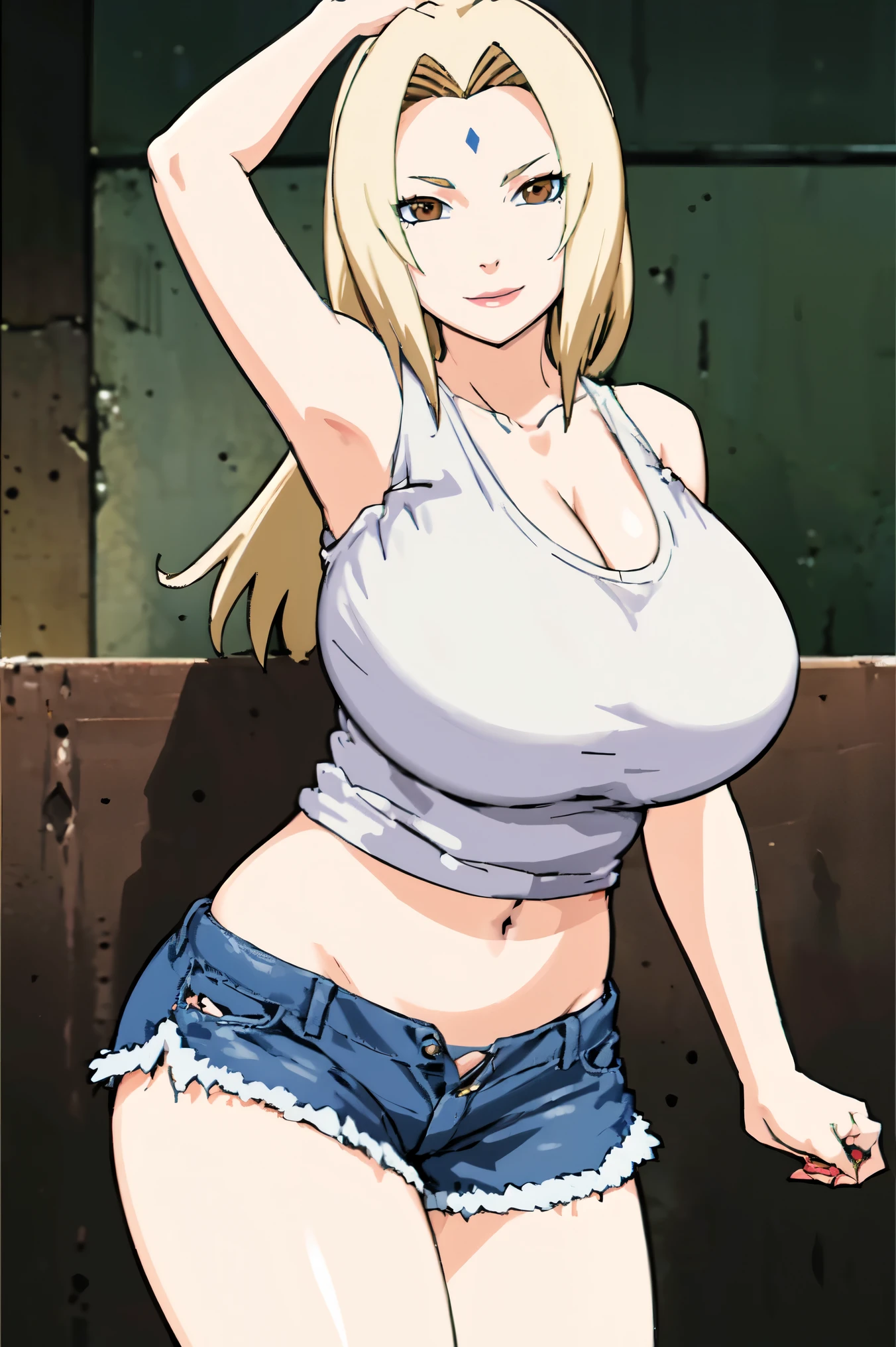 blonde hair, (((big tits )))  , (((white tank top))), ((short pants jeans, )), thick, ((busty)), brown eyes, navel, upperbody, smile, legs, thigh, flower garden, long hair