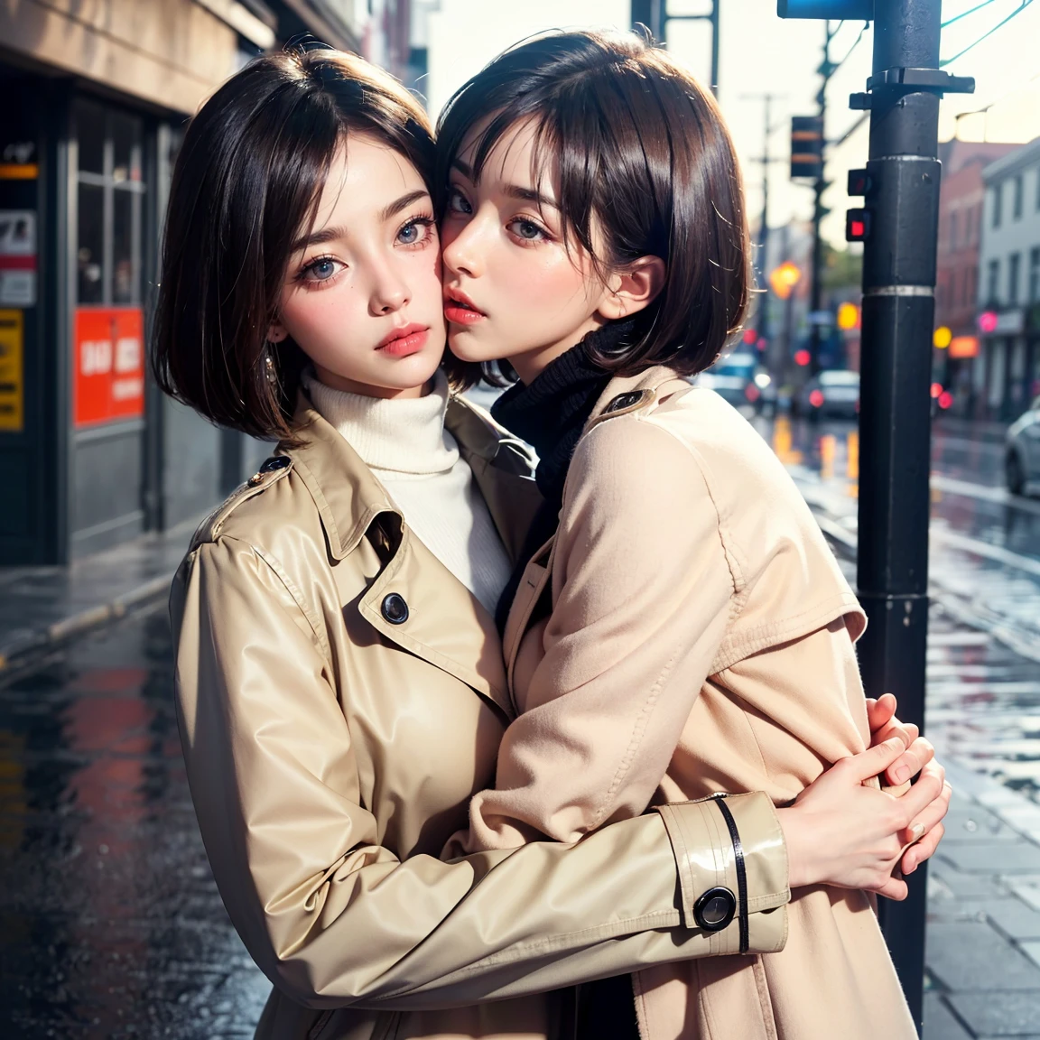 (UHD, retina, masterpiece, accurate, anatomically correct, textured skin, super detail, high details, high quality, best quality, high res, 1080P, HD, 4K, 8k, 16k), (beautiful detailed eyes, beautiful detailed lips, extremely detailed eyes and face), studio lighting, physically-based rendering, vivid colors, (large breasts, glamorous body), (beige trench coat, turtleneck sweater), (portrait, bob cut, shiny hair, shiny skin, blush), (cafe and bookstore, bokeh), eye reflection, (two stunning girls are deeply in love with each other, kiss:1.2)