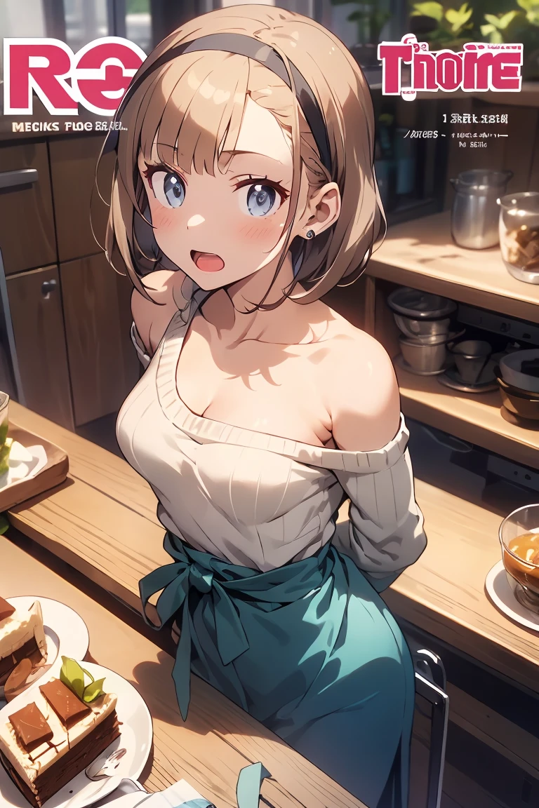 (small breasts:1.3), (perky chest:1.1), (pointed chest:1.0), (flowers magazine cover:1.3),(from above:1.2),(from side:0.9),masterpiece, a 18yo girl, Amazing Cleavage:1.1, thin waist, big ass, Raised sexy, small breast: 1.3, posed cleavage:1.2, open mouth, have a cute grass of cute beergrass,black hair, dark green eyes, dress, bare shoulders, jewelry, collarbone, sidelocks, hairband, earrings, indoors, off shoulder sweater:1.1, arms behind back, plant, short hair with long locks, gild hairband, off-shoulder dress, sweater dress, off-shoulder sweater, red sweater, dark gord hair, big side hair, very long side hair,is rendered in (masterpiece: 1.2, best quality), with (ultra high resolution) and an exquisite (depth of field). This masterpiece is not only visually stunning but also tells,A scene of cooking in the kitchen by classroom,looking at viewer,