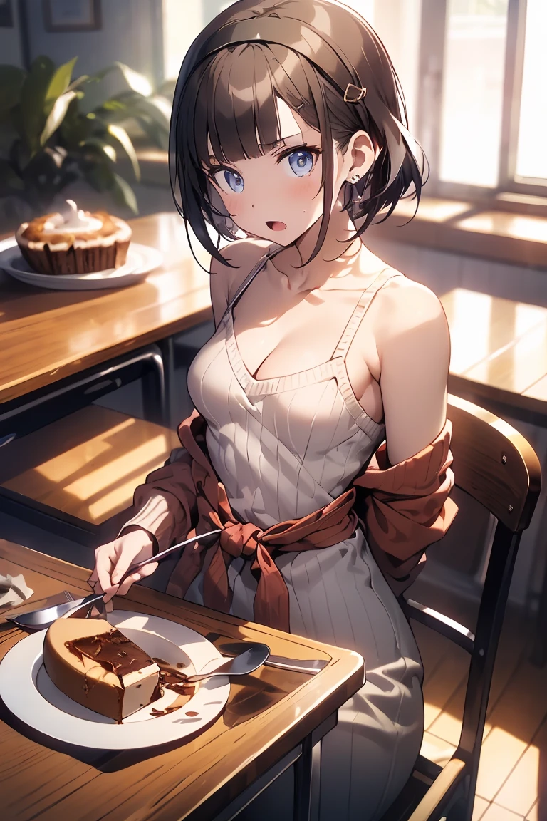 ((solo, 1 girl)), kobenihigashiyama, kobeni higashiyama, black hair, hair ornament, hairclip, mole, mole under eye, ponytail, short hair, (brown eyes:1.5), ((BREAK , camisole )), (smile), attitude, medium breast, medium boobs, cleavage, BREAK looking at viewer, BREAK indoors, ((sitting on table, squished against table)), (((face focus, face closeup, alluring face))), beautiful face, ((hand on chin)) BREAK (masterpiece:1.2), best quality, high resolution, unity 8k wallpaper, (illustration:0.8), (((only upper body, upper body shot))), (beautiful detailed eyes:1.6), extremely detailed face, perfect lighting, extremely detailed CG, ((perfect hands, perfect anatomy)),((hand covering ))