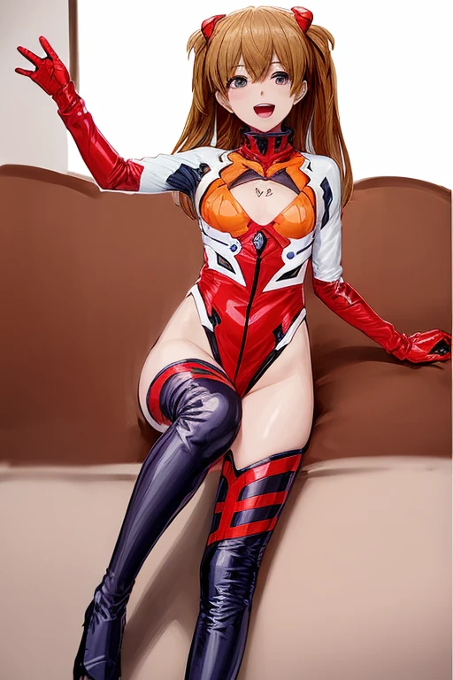 (( best quality)), ((masterpiece)), (be familiar with),  perfect face, indoor, bedroom,  viewer,
One woman,  Soryu Asuka Langley ,
 characters with open mouth ,  ecstatic expression with hands in front of body, blush, smile,
Small breasts,  flat chested, Young girl, Lori,  s,  girl,
 long hair,  twin tails,
Leg spread,