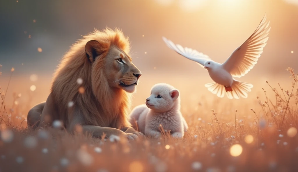 **"Design a lofi scene of a lion, a white lamb, and a white dove for a YouTube banner. The lion, with a soft mane and in profile, exudes calmness and nobility; the white lamb rests beside it, radiating tenderness and purity. The white dove flies above them, wings spread as a symbol of peace. Use a pastel color palette with warm sunrise tones, and a blurred background to create a nostalgic atmosphere. Lighting should be soft and subtle, with golden highlights gently illuminating the characters, while adding small lofi details, like a light grain effect, for a cozy and symbolic ambiance."**