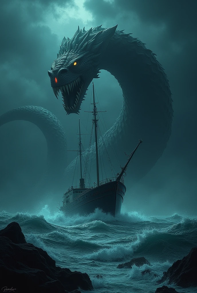 a picture, taken from a boathouse with a giant sea serpent, that comes out of the water, Lovecraftian atmosphere, Cthulhu rises from the ocean, Lovecraftian background, Lovecraftian landscape, inspired by Lovecraft, inspired by H.p. Lovecraft, where Lovecraftian horrors roam, lovecraftian horror!, Lovecraft-Horror, lovecraftian horror, lovecraftian horror!!